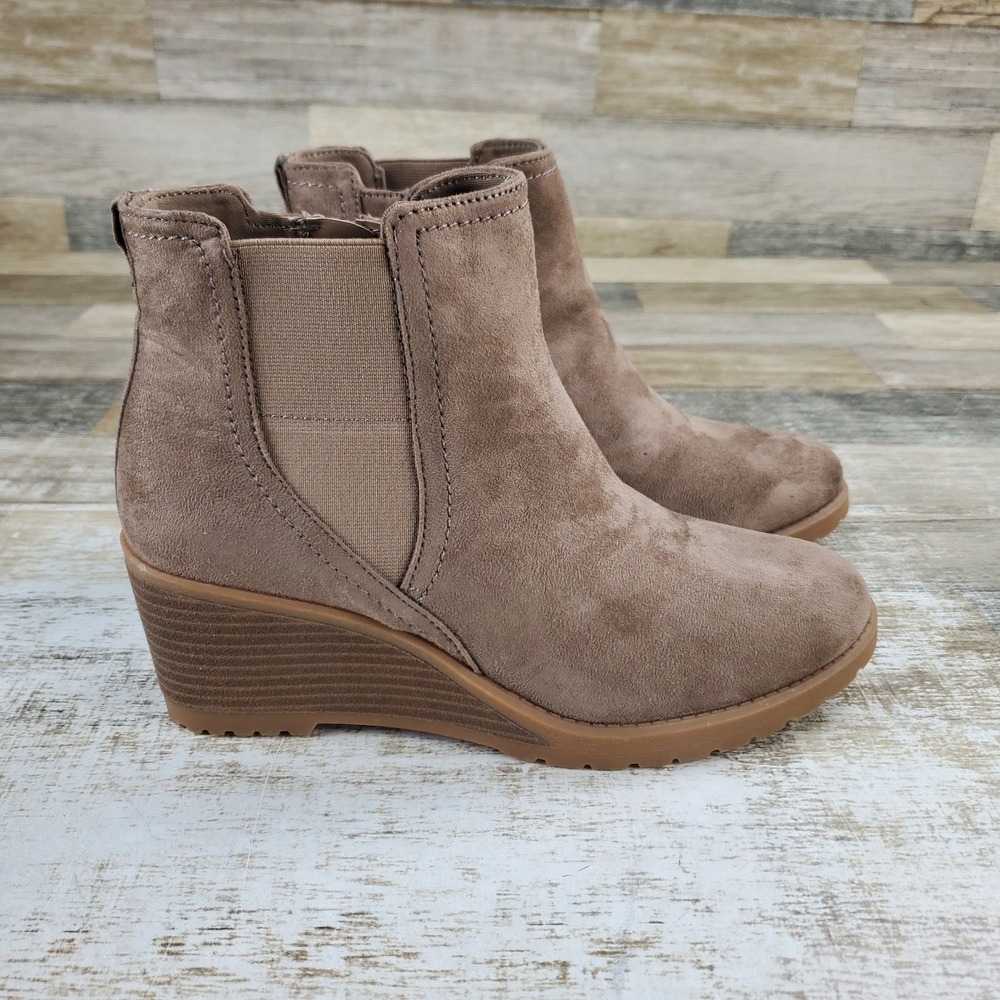 Dr Scholls Camden Womens Chelsea Wedge Boots Sz 9 M Taupe Micro Suede Side Zip